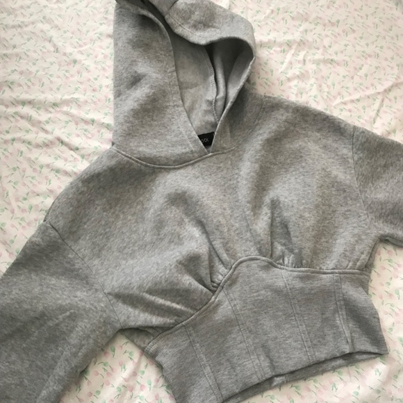 New Look Long Sleeve Short Cropped Pullover Hoodie M Light Grey Sweater Top - Picture 8 of 11
